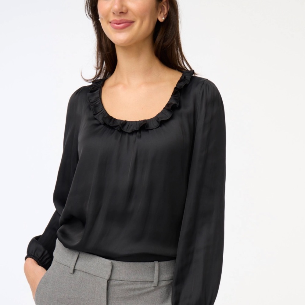 J.Crew Black Satin Ruffleneck Flowy Holiday Party Blouse Size XSP NWT